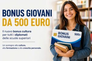 donna con libri in mano e scritte per il bonus giovani