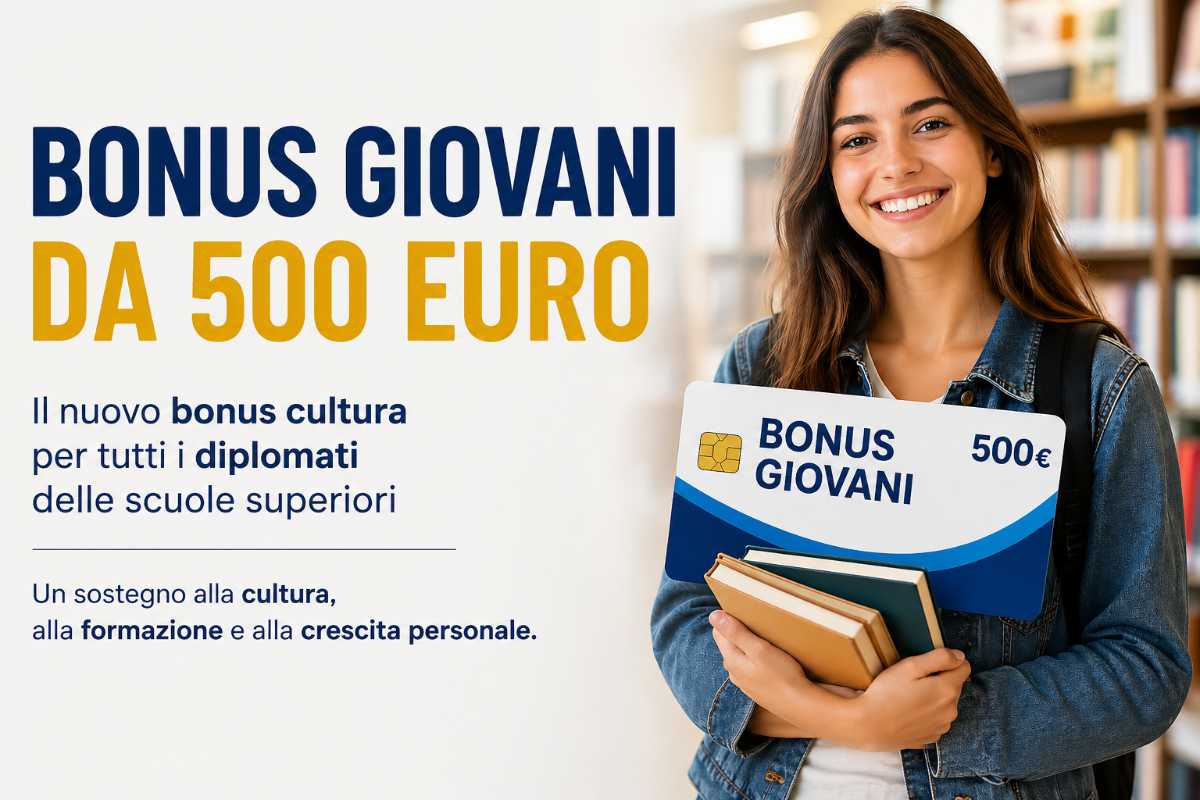 donna con libri in mano e scritte per il bonus giovani