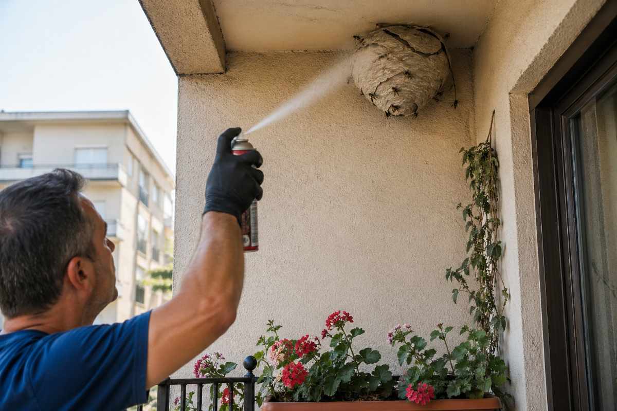 uomo spruzza veleno su nido vespe