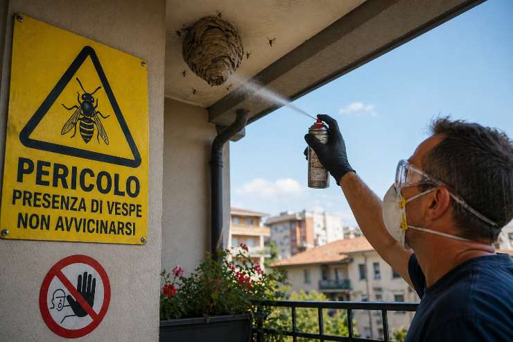 uomo cerca di eliminare vespe e segnale di pericolo