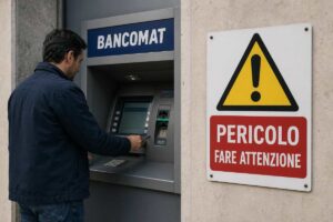 uomo fa prelievo al bancomat e segnale di pericolo
