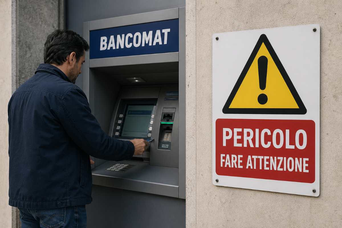 uomo fa prelievo al bancomat e segnale di pericolo
