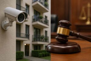 telecamera in condominio e martello da giudice