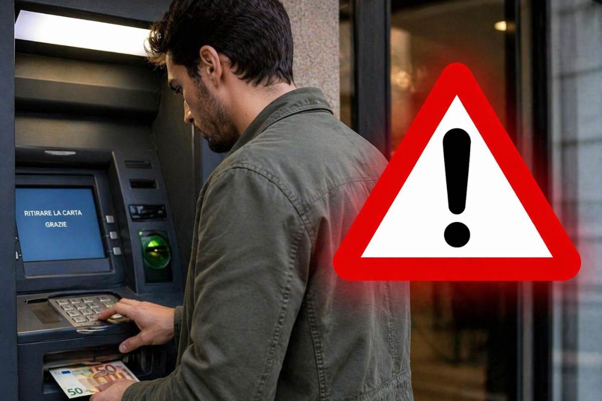 uomo preleva al bancomat e segnale di pericolo
